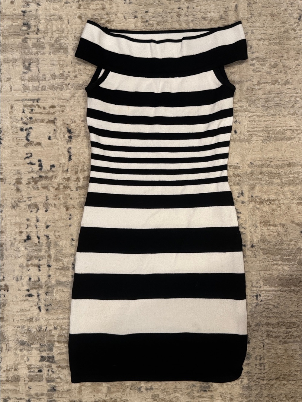 Bebe Knit Black and White Striped Off-Shoulder Mini Dress